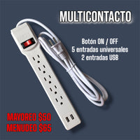 Multicontacto CHA-01U con 5 tomacorrientes + 2 puertos usb e interruptor